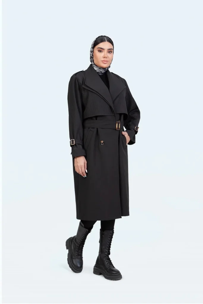 بارانی یقه آمریکایی ترکیبی ژینا - مشکی, 38 رنگ مشکی