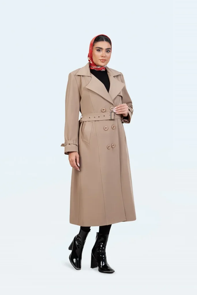 بارانی بلند یقه کاستری نسترن - نسکافه-ای, 44 رنگ کرم